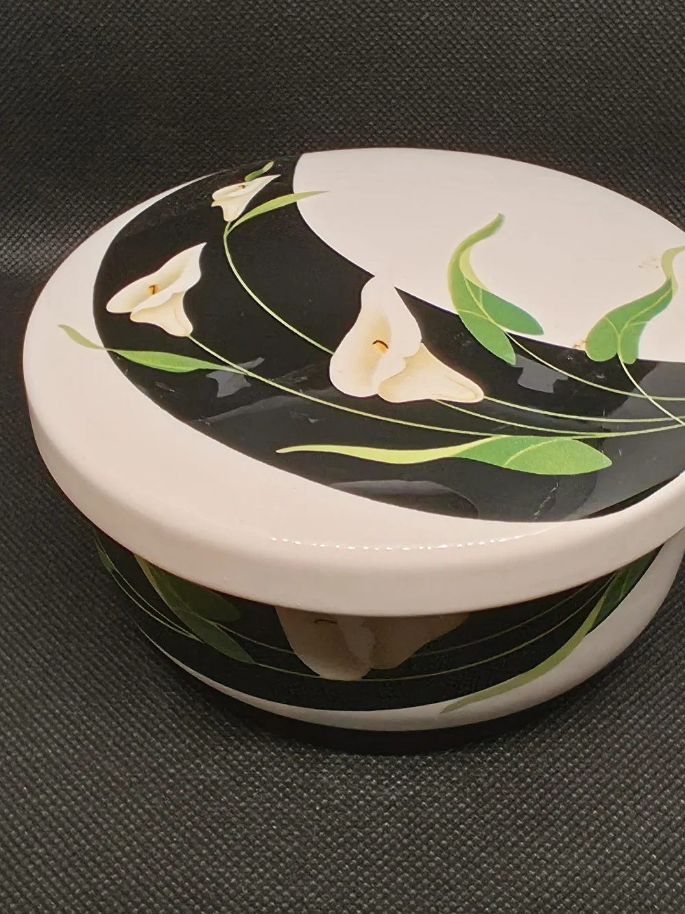 Floral Storage Jar in White and Black Vintage Hankook Ceramic Lidded Bowl